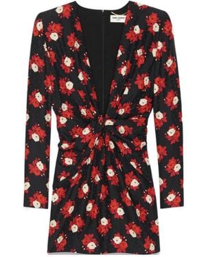 Saint Laurent V-Neck Long-Sleeved Dress - Red
