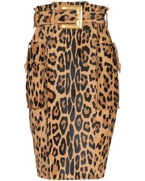 Balmain Ponyskin-Style Leather Midi Skirt With Leopard Pattern - Natural