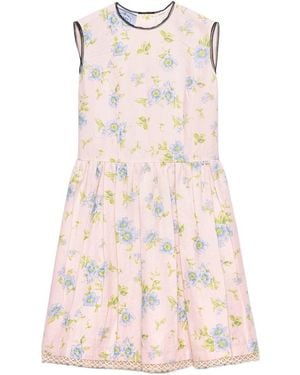 Prada Pleated Floral-Print Linen Dress - Pink