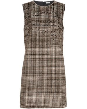 Brunello Cucinelli Checked Alpaca And Wool Mini Dress With Dazzling Degradé-Embroidery - Brown
