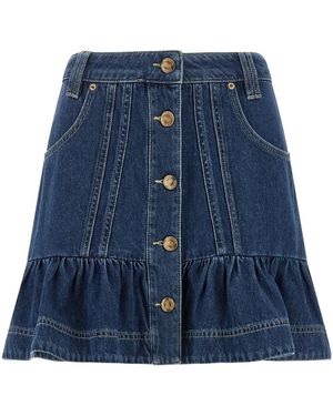 FARM Rio Button-Front Ruffled Denim Skirt - Blue