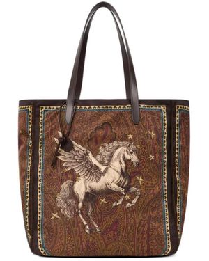 Etro Nylon Tote Bag With Pegaso Print And Arnica Motif - Brown