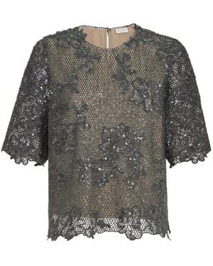 Brunello Cucinelli Sequin-Embellished Lace Top - Gray