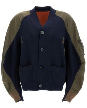 Sacai Panelled Buttoned Bomber Jacket - Blue