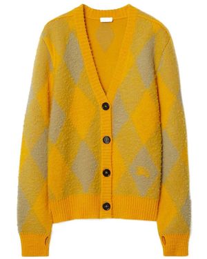 Burberry Checked V-Neck Cardigan - Yellow