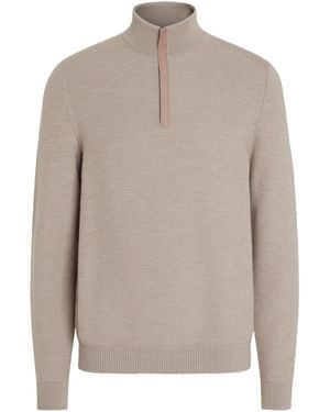 ZEGNA Light Taupe Vellus Aureum Zip Mock Neck - Gray