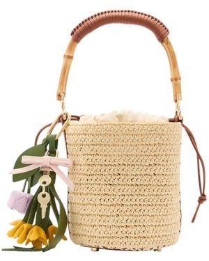 Self-Portrait Leather And Raffia Bucket Bag - Natural