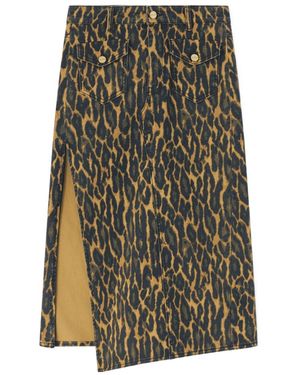 Ganni Leopard Print Denim Midi Skirt - Green