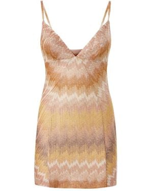 Missoni Deep Neckline Sleeveless Lamé Mini Dress - Natural