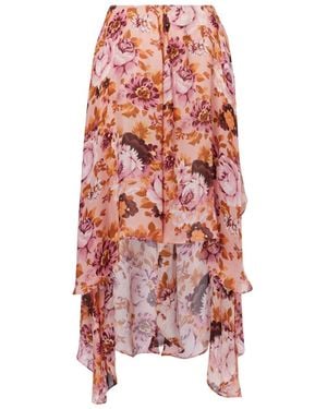 Chloé Asymmetric Floral Silk Midi Skirt - Red