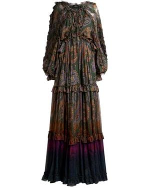 Etro Long Silk Dress With Ruffles And Placed Degradé Paisley Print - Black