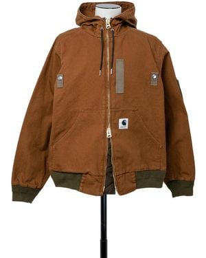 Sacai X Carhartt Wip Logo Patch Zip-Up Hooded Bomber Jacket - Brown