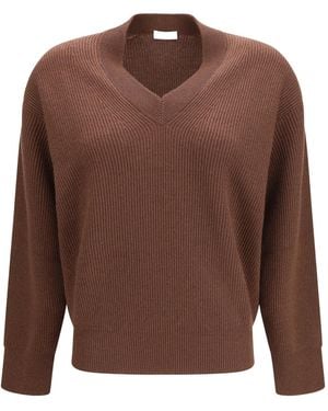Brunello Cucinelli Ribbed-Knit V-Neck Jumper - Brown