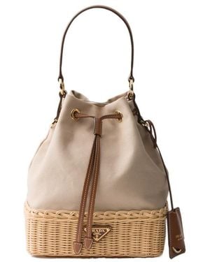 Prada Wicker And Canvas Bucket Bag - Natural