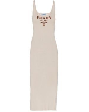 Prada Logo Intarsia-Knit Sleeveless Midi Dress - White