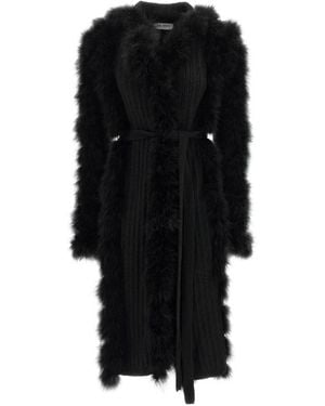 The Attico The Feather-Trim Belted Knit Coat - Black