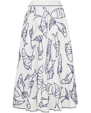 FARM Rio Fresh Fish Embroidered Midi Skirt - White