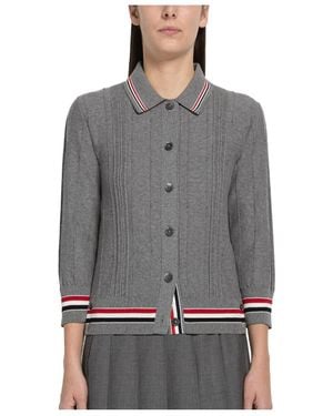 Thom Browne Rwb Trim Cable-Knit Cardigan - Grey