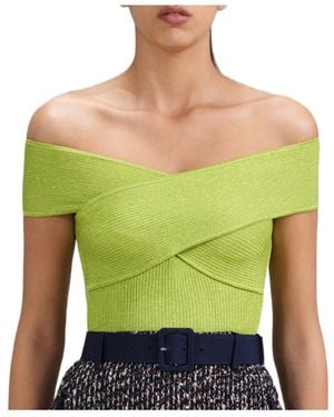 Self-Portrait Lurex Knitted Off-Shoulder Top - Green
