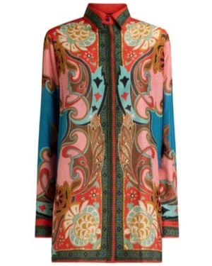 Etro Placed Print Long Silk-Blend Shirt - Orange