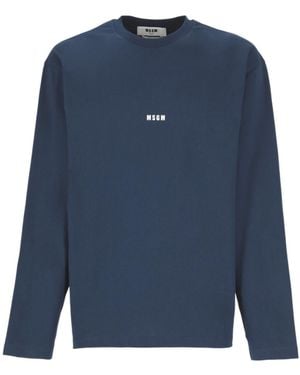 MSGM Logo-Print Long-Sleeve Cotton T-Shirt - Blue