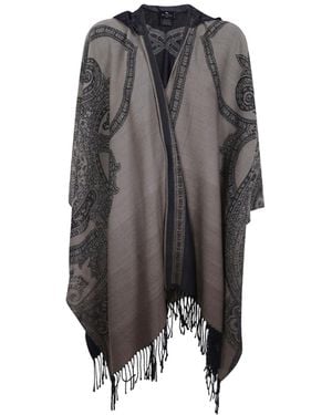 Etro Paisley-Pattern Fringed Cape - Gray