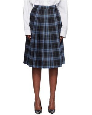 Pushbutton Plaid Midi Skirt - Blue
