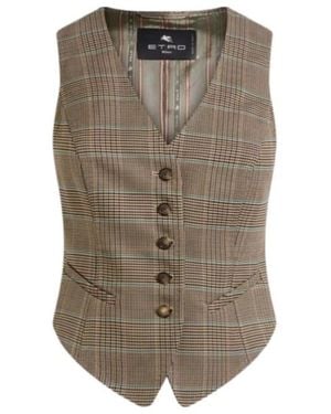 Etro Prince-Of-Wales Motif Single Breasted Stretch Waistcoat - Grey