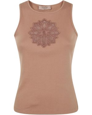 Twinset Ribbed Embroidered Tank Top - Brown