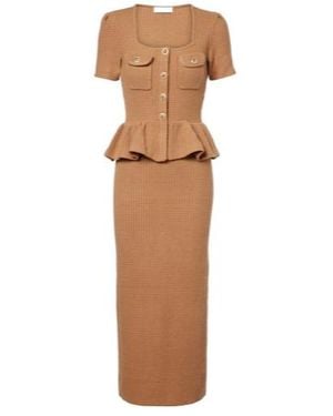 Self-Portrait Peplum Waffle-Knit Midi Dress - Brown