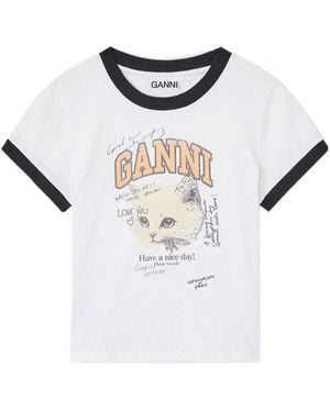 Tシャツ・カットソー Ganni Stretch Logo Fit Short Sleeve T-Shirt Peapod T3352484 Bright White White Soft Cotton Rib Short Sleeve T-Shirt