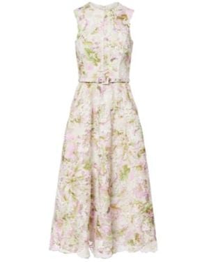 Monique Lhuillier Belted Lace Midi Dress - Natural