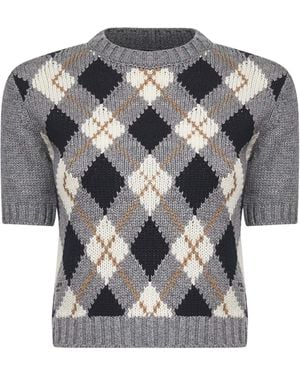 Prada Check-Pattern Short-Sleeved Jumper - Grey