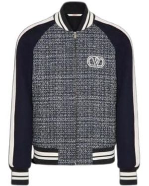 Valentino Logo Embroidered Zip-Up Tweed Jacket - Blue