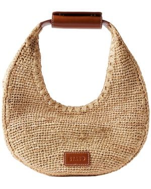 STAUD Moon Leather-Trimmed Raffia Tote - Natural