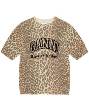 Ganni Leopard Printed T-Shirt - Natural