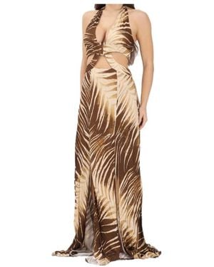 Just Cavalli Long Dress With Leaf Print - Natural