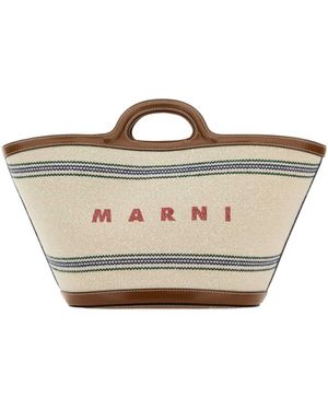 Marni Logo Detailed Striped Tote Bag - White