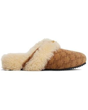 Celine Fur Slides Triomphe Closed Slipper - Natural