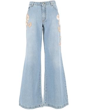 ERMANNO FIRENZE Floral-Embroidered Wide-Leg Jeans - Blue