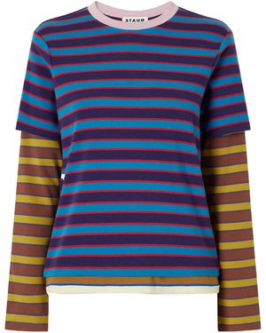STAUD Striped Stretch Cotton-Jersey T-Shirt - Blue
