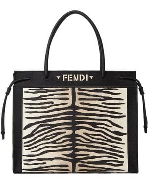 Fendi And Tiger-Effect Embroidered Fabric Shopper Bag - Black