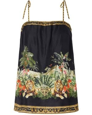 CAMILLA Crystal-Embellished Printed Silk-Satin Top - Black