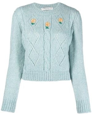 Alessandra Rich Floral Embroidery Cable-Knit Jumper - Blue