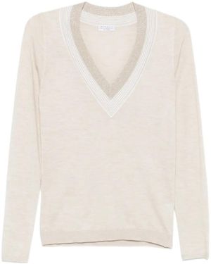 Brunello Cucinelli Striped V-Neck Knitted Jumper - White