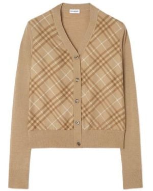 Burberry Check Panel Wool Silk Cardigan - Natural