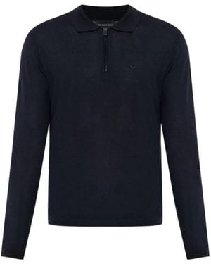 Emporio Armani Zip-Neck Embroidered Logo Polo Shirt - Blue