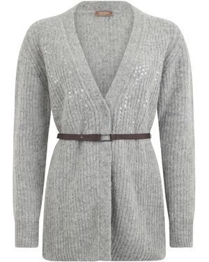 Peserico Embellished V-Neck Belted Cardigan - Grey