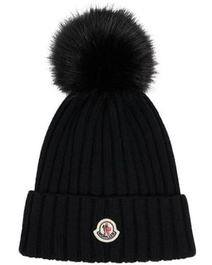 Moncler Logo Virgin Wool Pom Pom Beanie - Black
