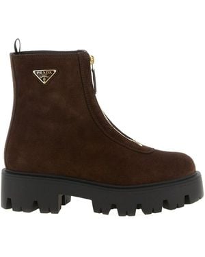 Prada Triangle-Logo Zipped Boots - Brown